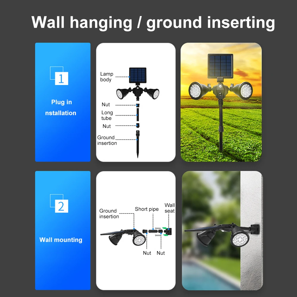 

Solar Spot Lights Double Head 36 LED Solar Light Landscape Solar Lamp Outdoor Waterproof Flood Lamp with Motion Sensor Garden