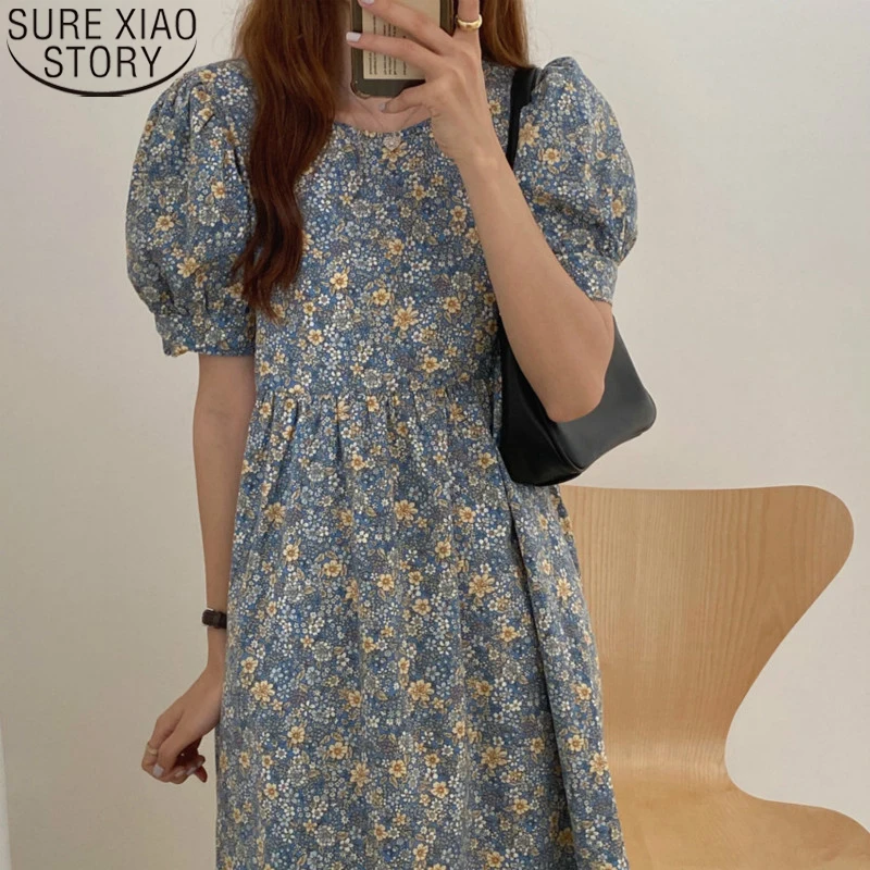 

Blue Long Floral Pleat Dress Women Summer Round Collar Vintage Dress Casual M-3XL Loose High Waistline Midi Sundress 14539
