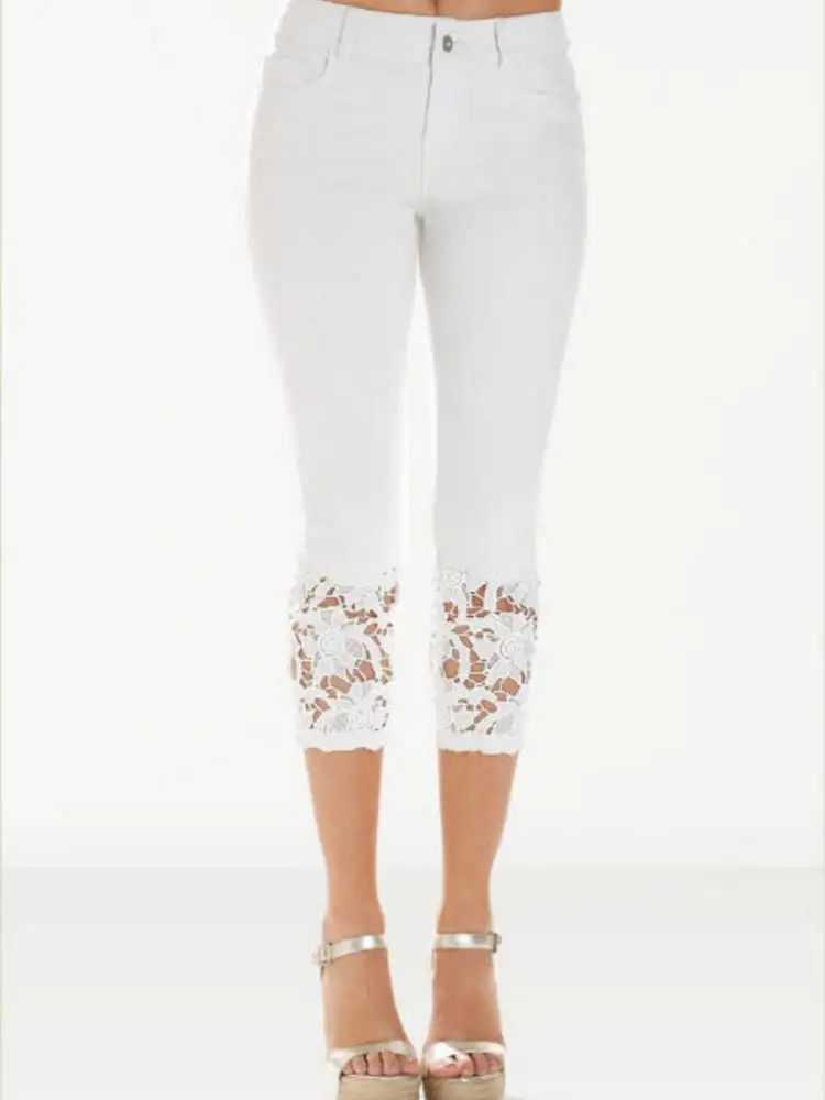 Korean Vinage Lace Women's Jeans Cropped Trousers Spring Summer Embroidery Push Up Pants Sexy Ladies Plus Size 3XL | Женская одежда