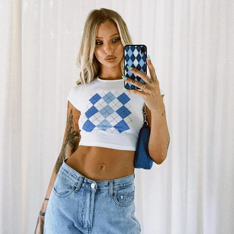 

Women Summer Short Sleeve Cropped Tees 90s Aesthetic Argyle Plaid Print T-shirt E-girl Kawaii Graphic Cute Y2K Top Streetwear