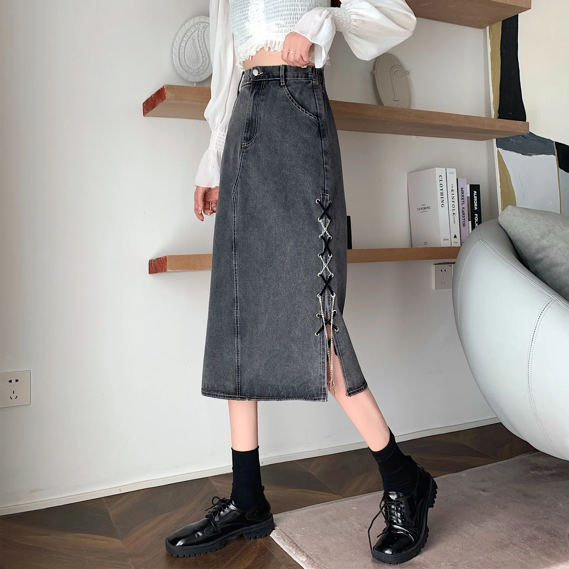 

Сезон: весна-лето в Корейском стиле модные юбки с высокой талией средней длины джинсовая юбка женские юбки Бесплатная доставка YG5302