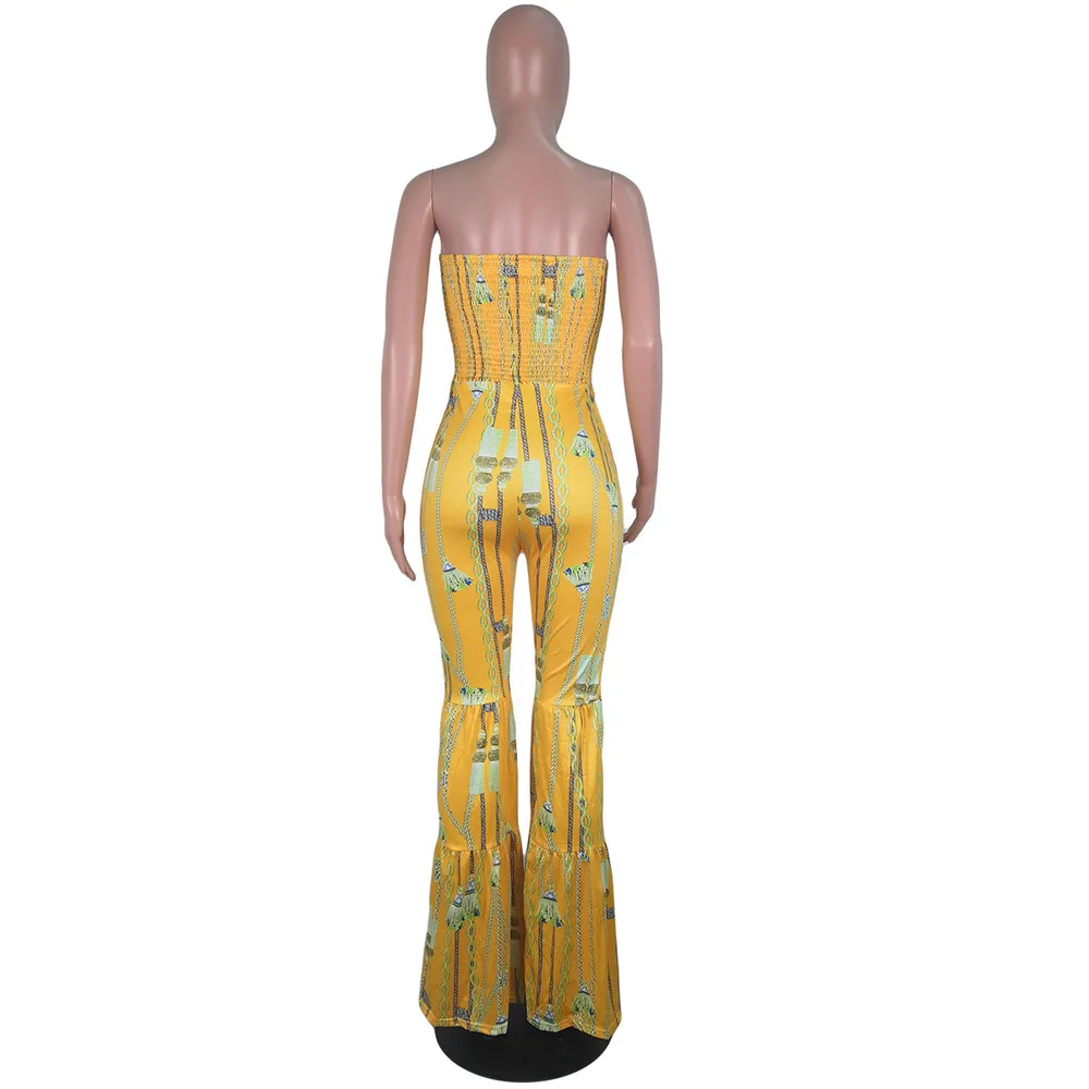 

Off Shoulder Elegant Bodycon Bodysuit Women Chain Print Open Back One Piece Overall Summer Female Strapless Bell Bottom Rompers