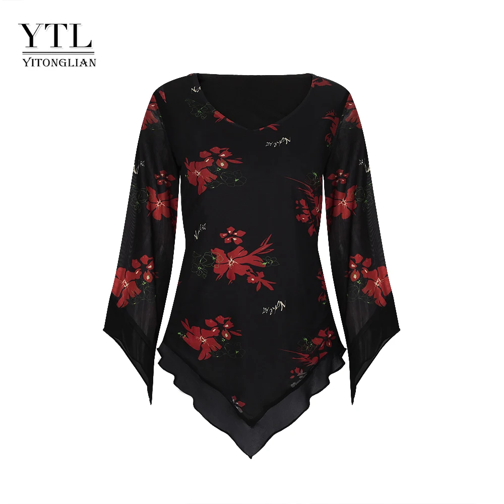

YTL Floral Irregular Design V-neck 3/4 Sleeve Tops Women's Plus Size Ladies Flower Printed T-shirt W040