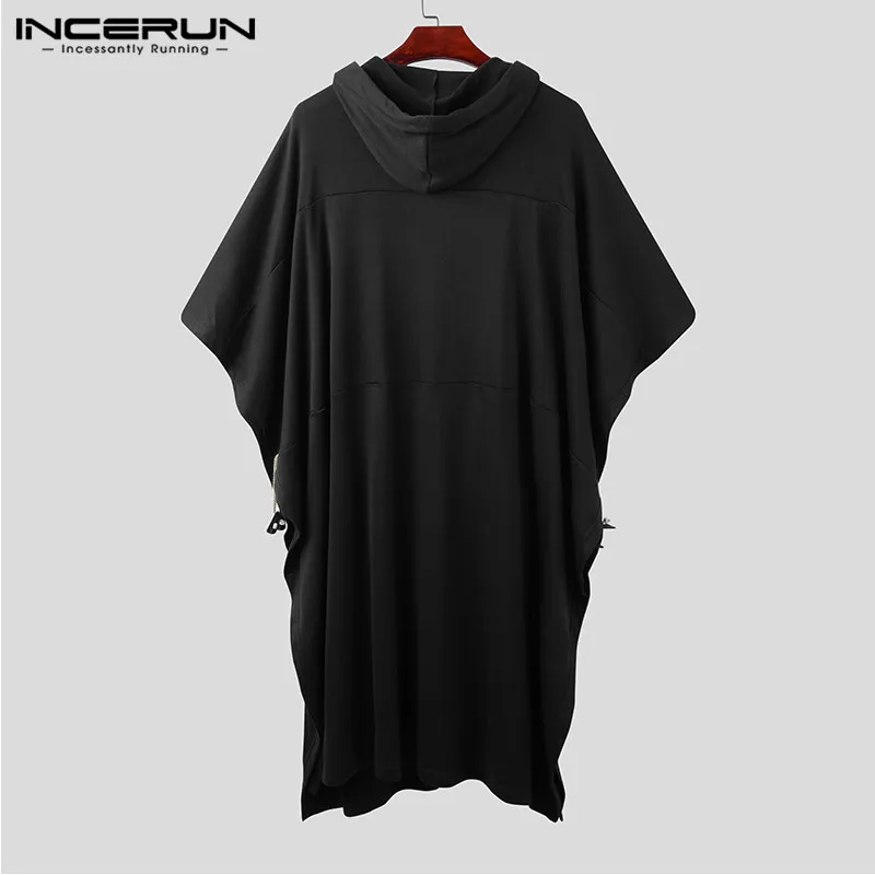 

2021 Fashion Men Cloak Hooded Solid Color Casual Coats Ponchos Button Punk Style Streetwear Baggy Mens Long Trench INCERUN S-5XL