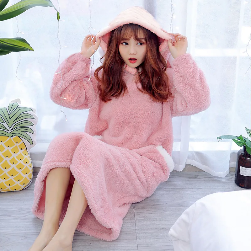 

Warm Autumn Winter Ladies Pyjamas Flannel Home Pillow Top Sleeping Skirt Hat Womens Sleepwear Nightgown