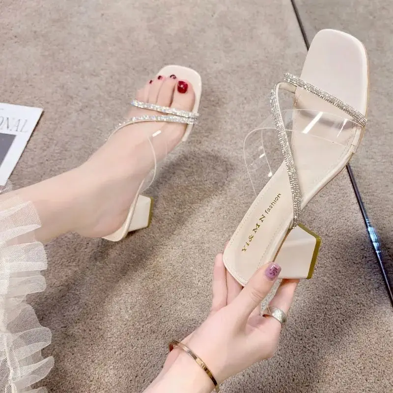 

Women Slipper Sandals 2021 Summer Casual Peep Toe Sandals Slipper Shoes Square Heel Mid Heels Heels Sandals Ladies Mules Shoes