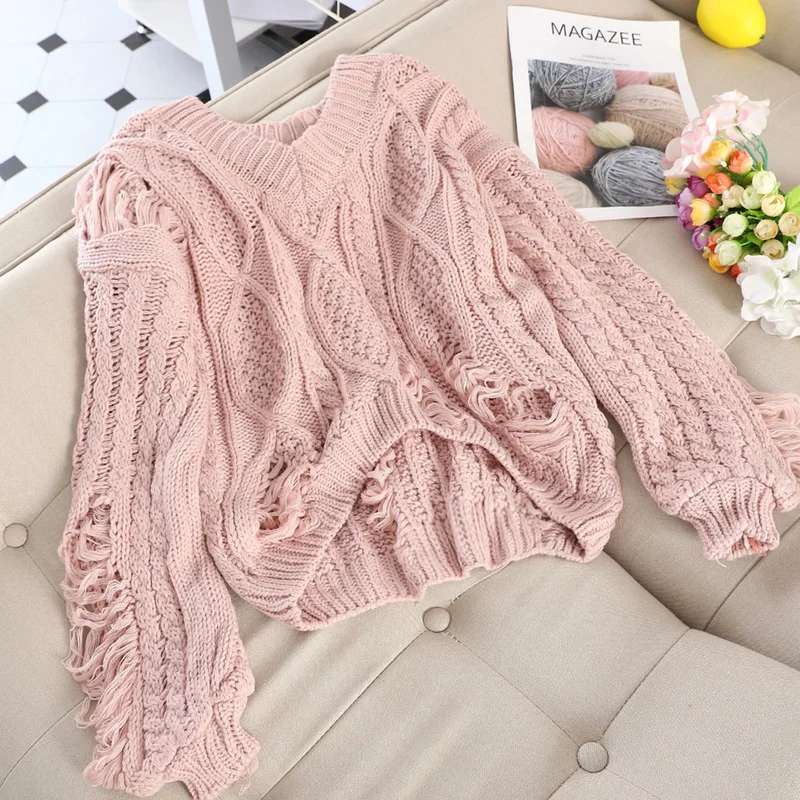 Gaganight Hole Autumn Winter Women Sweaters Long Sleeves V Neck Chic Fashion Pullover Solid Loose Pull Femme Korean Vintage Tops | Женская