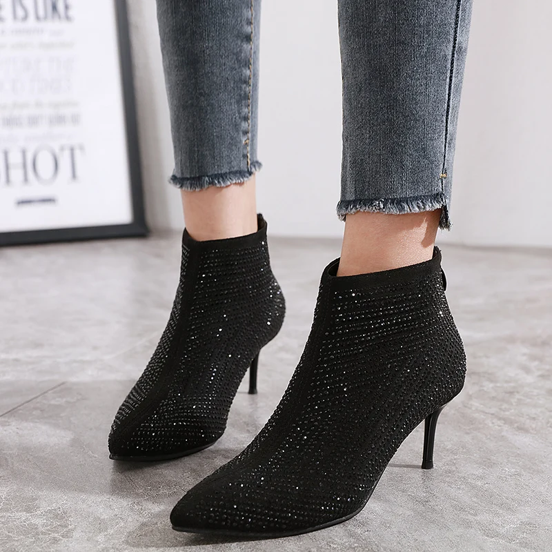 Fall Boots Classic Black Short 6cm Heel Ankle For Women Stiletto Ladies Rhinestone Heels Autumn Office Shoes | Обувь