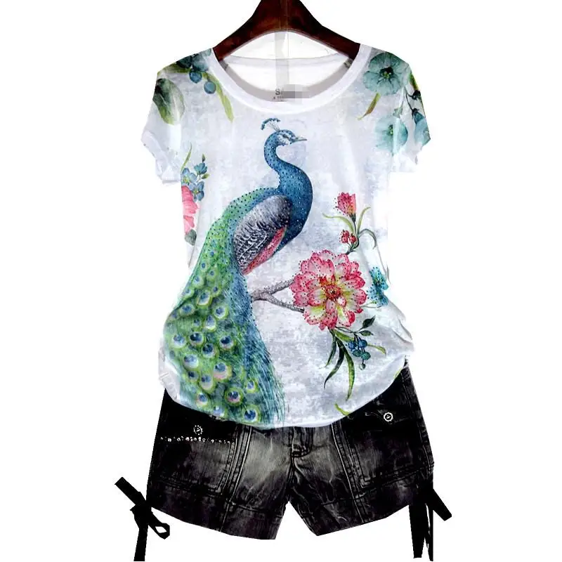 2020 New Summer Women Peacock Printing O-neck Silk T Shirt Tops Ladies Casual Elasticity Rhinestones Embroidery Tee Shirts S197 | Женская