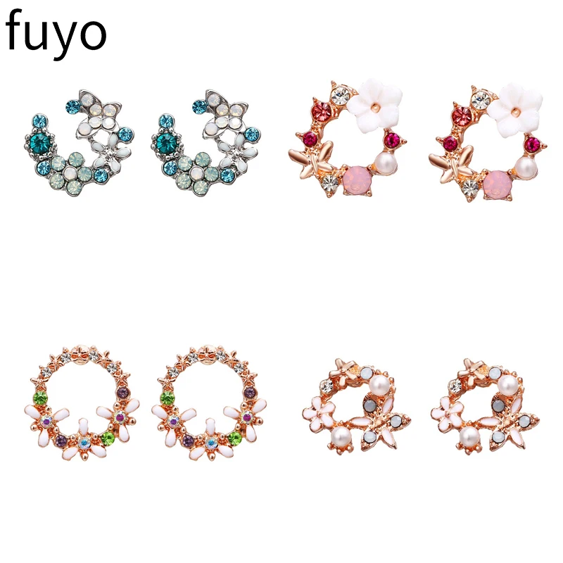 

2019 Korean New Multicolor Rhinestone Heart Flower Stud Earrings For Women Sweet Wreath Ear Small Cirlce Earrings Brincos Gift