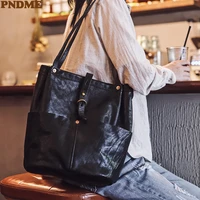 pndme luxury genuine leather womens black tote bag casual weekend shopping natural real cowhide handbag large shoulder bag