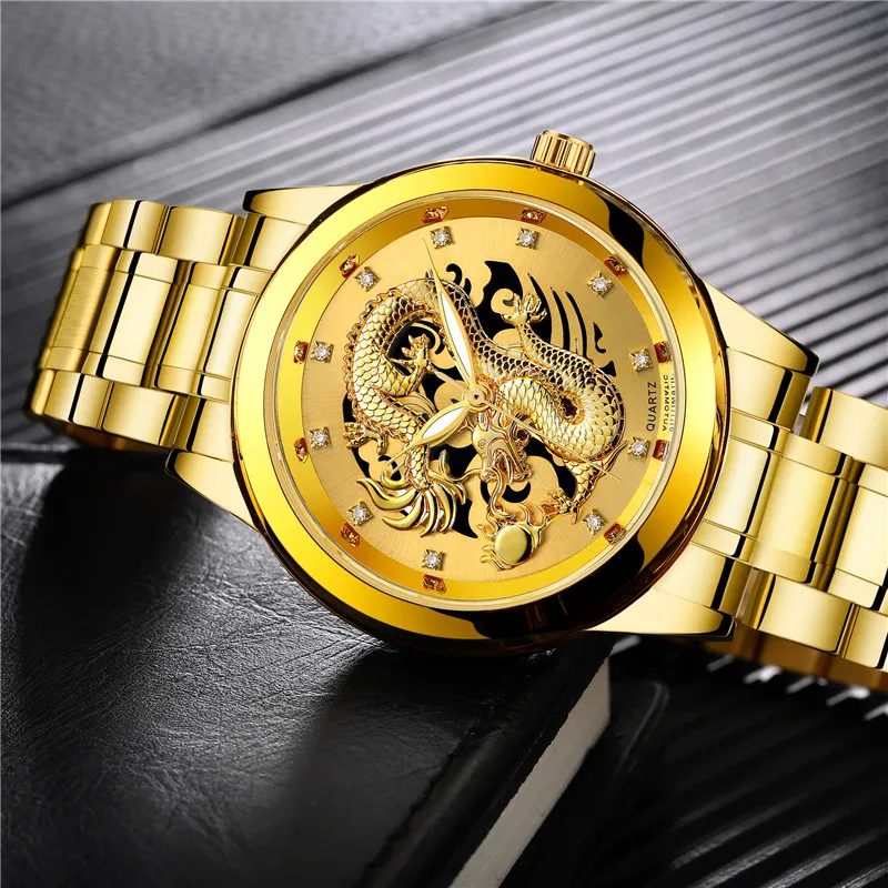 Luxury Men's Watch Mechanical Waterproof 3D Dragon Pattern Boutique Gold Diamond Male Business Quartz Clock relogio masculino | Наручные