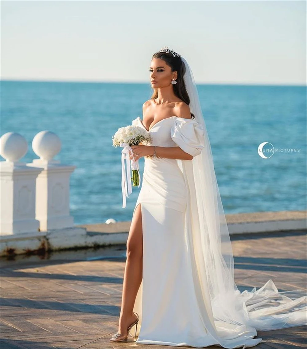 

2021 Satin Charming Mermaid Wedding Dresses For Bride Sexy High Slit Wedding Gowns Bridal Dress Robe De Soirée De Mariage