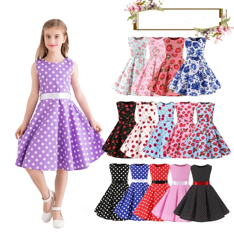 Фото Polka Dot Vintage Kids Cotton Dress Flower Floral Midi Summer Dress Baby Girl №2