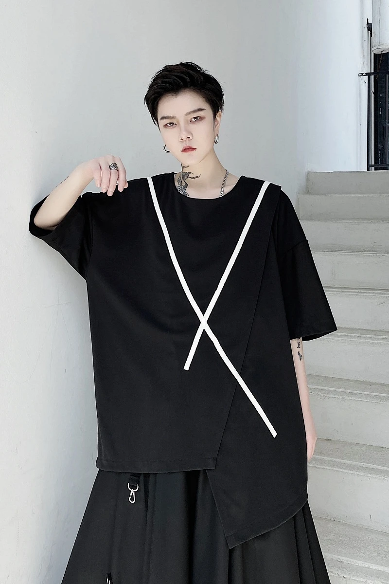 

Black summer 2020 asymmetrical cut personality webbing loose-fitting short sleeve T-shirt men's irregular top