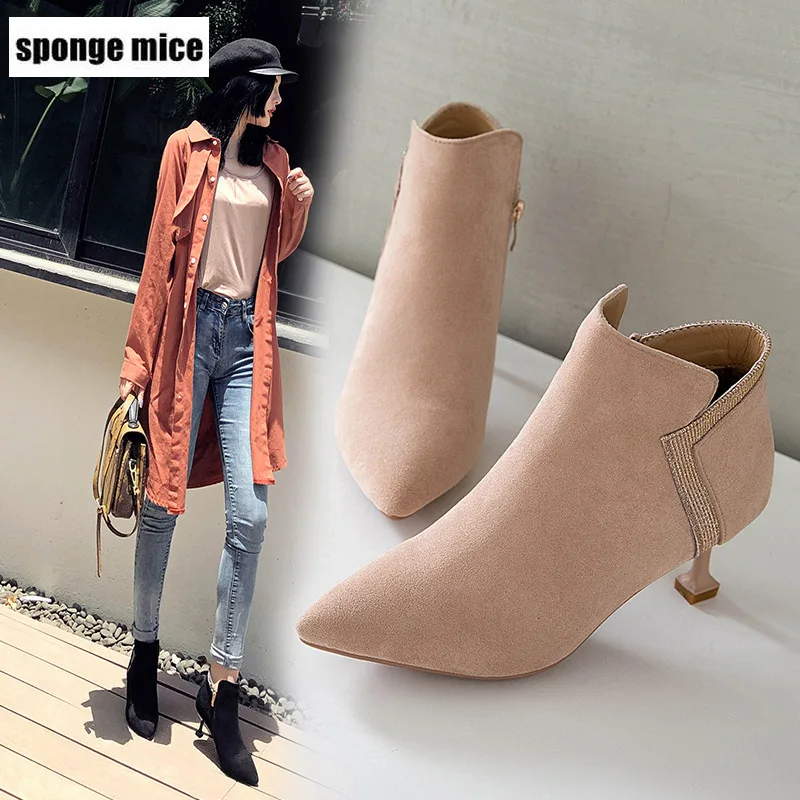 New Autumn Pointed booties female high heels Pumps women's boots stiletto slim Martin black leather N667 | Обувь