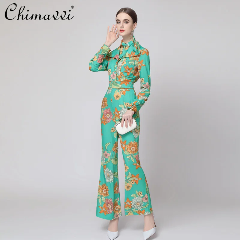 

Fashion Large Lapel Single-Breasted Long Sleeve Overalls 2021 Fall Women's Clothing High Waist Slim Temperament Printed Jumpsuit