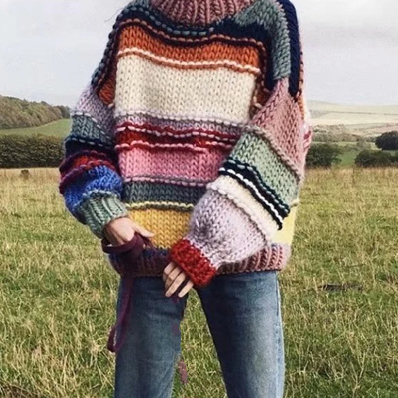 Ручной Работы Радуга полосатый свитер для женщин О-образный вырез с длинным