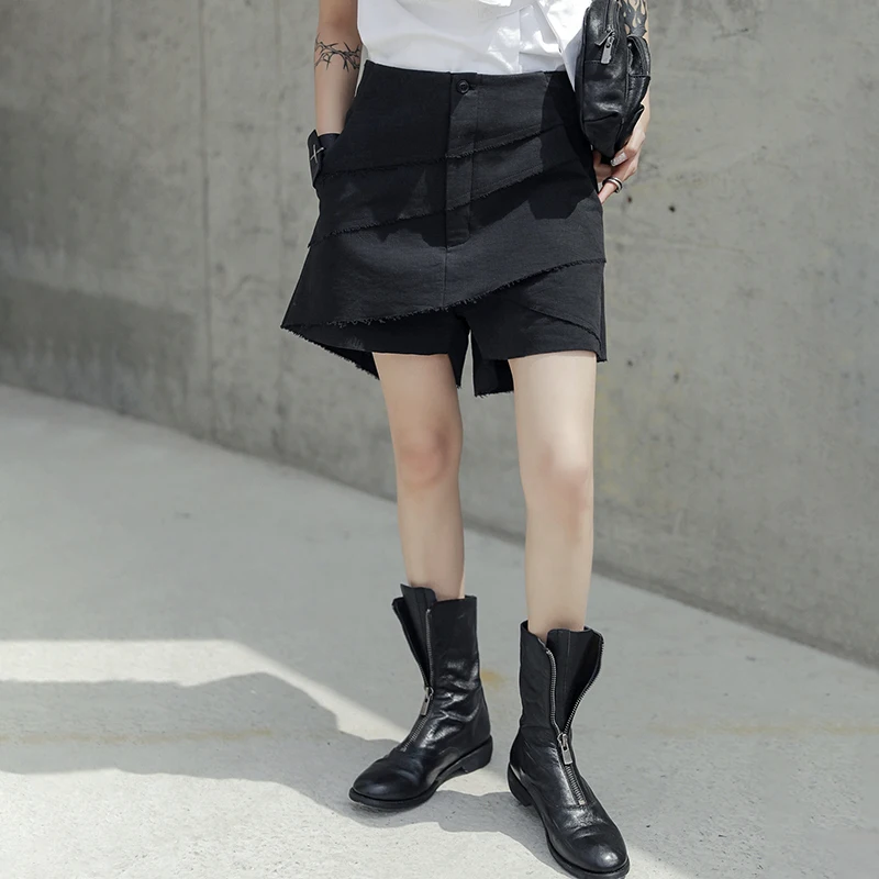 Женские Асимметричные Брюки [EAM] черные свободные брюки сложного кроя с высокой