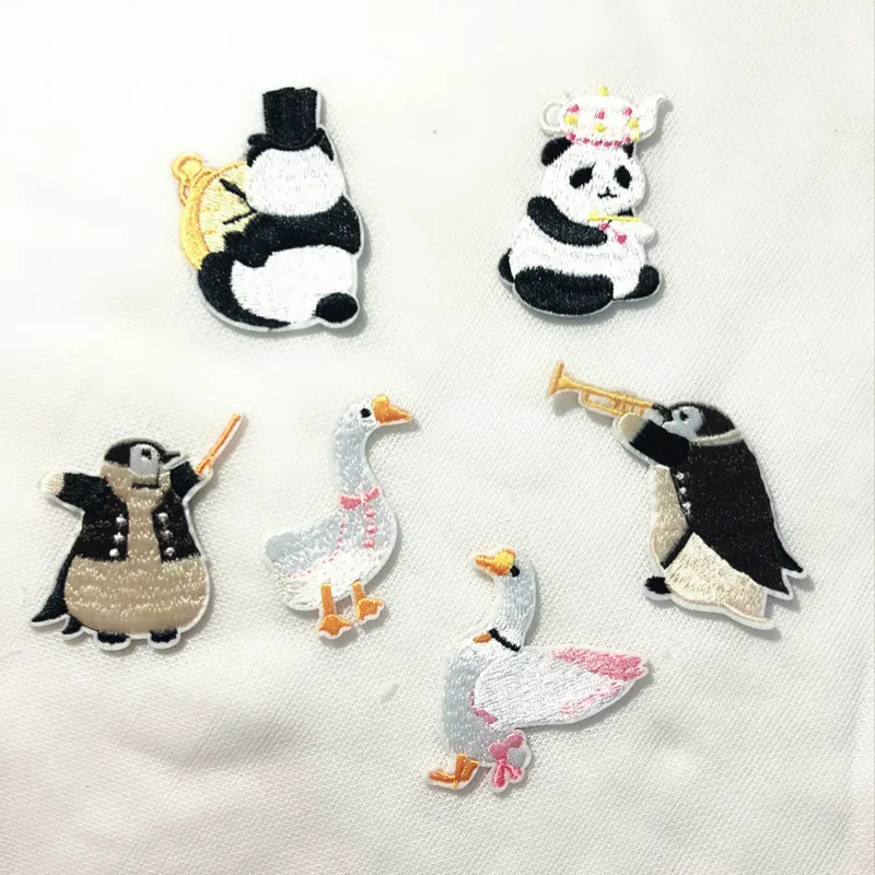 

50pcs/lot Embroidery Patches Panda Penguin Goose Cake Strange Thing Clothing Decoration Accessory Iron Heat Transfer Applique