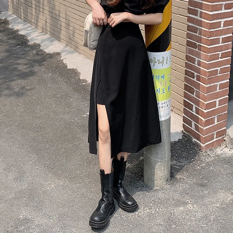 

2021 Spring Summer Women New High-waist Split Design Sense Thin All-match Long Skirts Fashion Casual Sexy Female Skirt Elegant