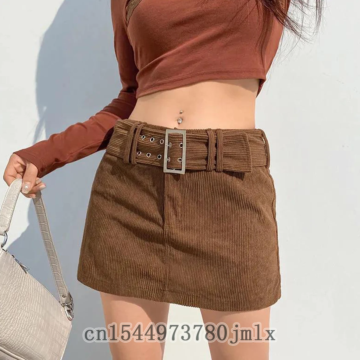 

European And American Retro Corduroy, With Belt, Skirt, Low Waist Sexy, Short, Straight, Harajuku Korean Style, Mini Skirt