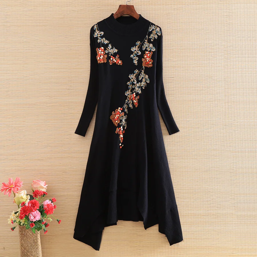 Высококачественное осенне-зимнее платье в китайском стиле винтажное вышитое