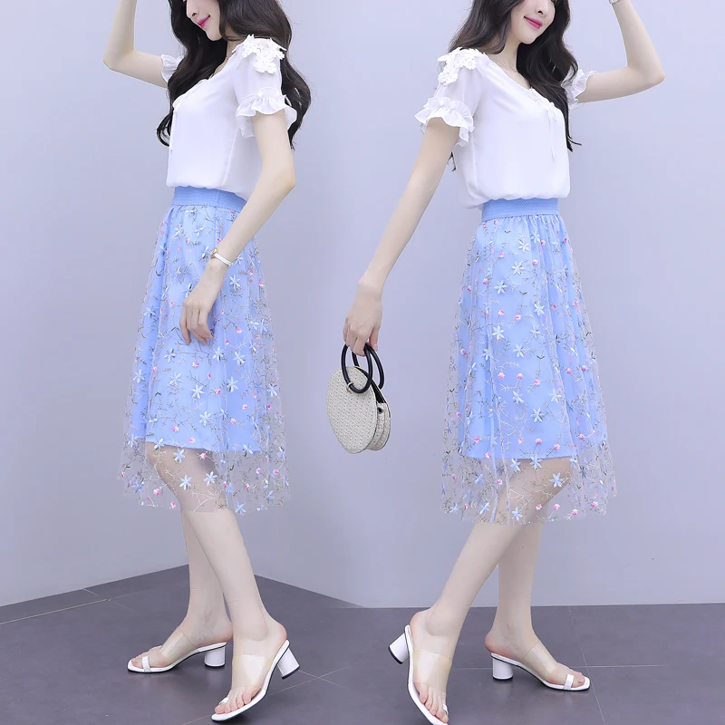 

new summer fashion o-neck applique two-piece sets embroidery ruffles short sleeves women's clothing female