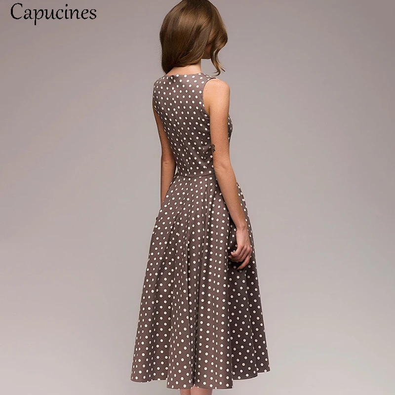 Capucines Элегантные Платье в горошек женское О образный вырез безрукавный А силуэт