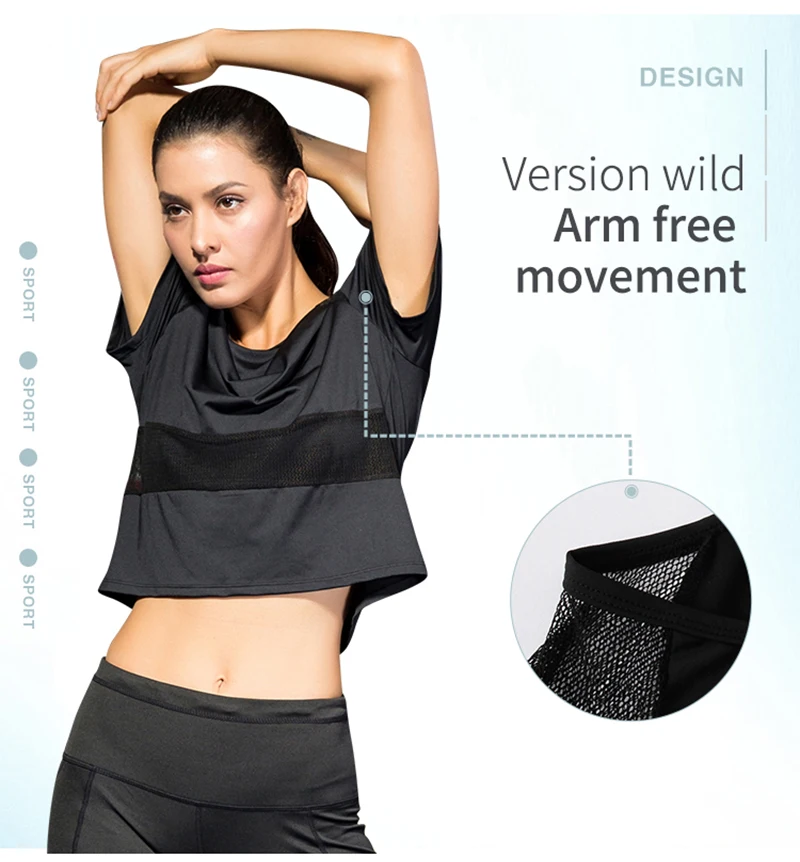 

Yoga Shirt Sexy Mesh Workout Quick Dry Sports Suit Loose Leisure Running Fitness Clothing Gym Breathable Shirt Women Sportswear