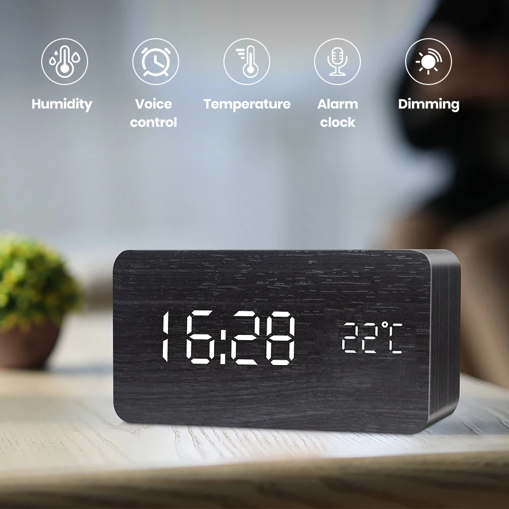 

Digital Clock LED Wooden Alarm Table Clock Sound Control Electronic Desktop Clocks USB/AAA Powered Desperadoes Home Office Decor