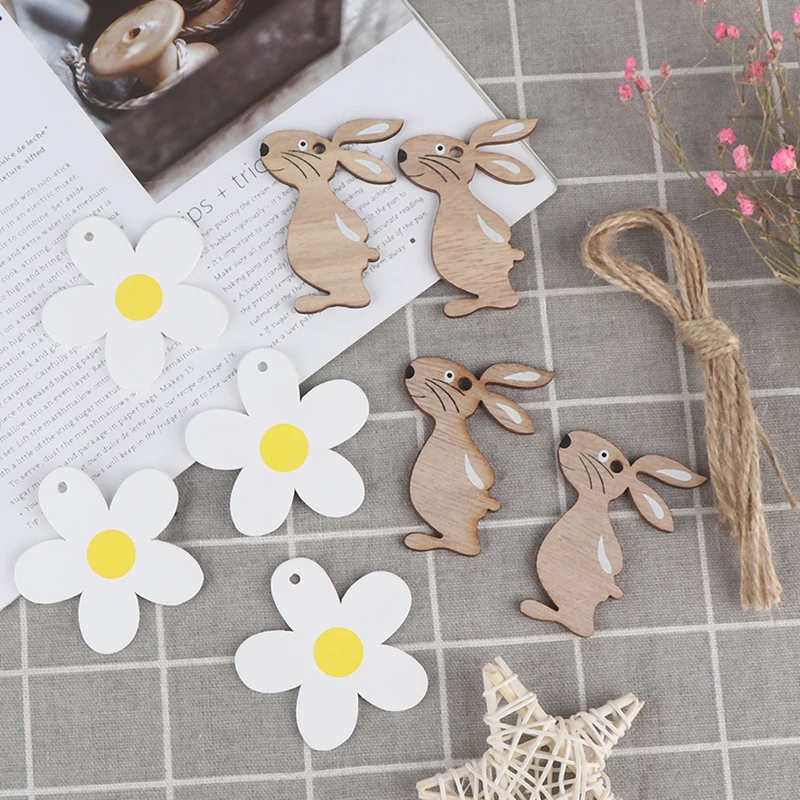 8PCS/Pack Easter Wooden Rabbit White Flower Nordic Style Pendant Ornaments Craft | Дом и сад