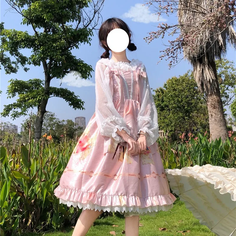 

Palace princess daily tea party sweet lolita dress vintage lace bowknot printing high waist victorian dress kawaii girl jsk cos