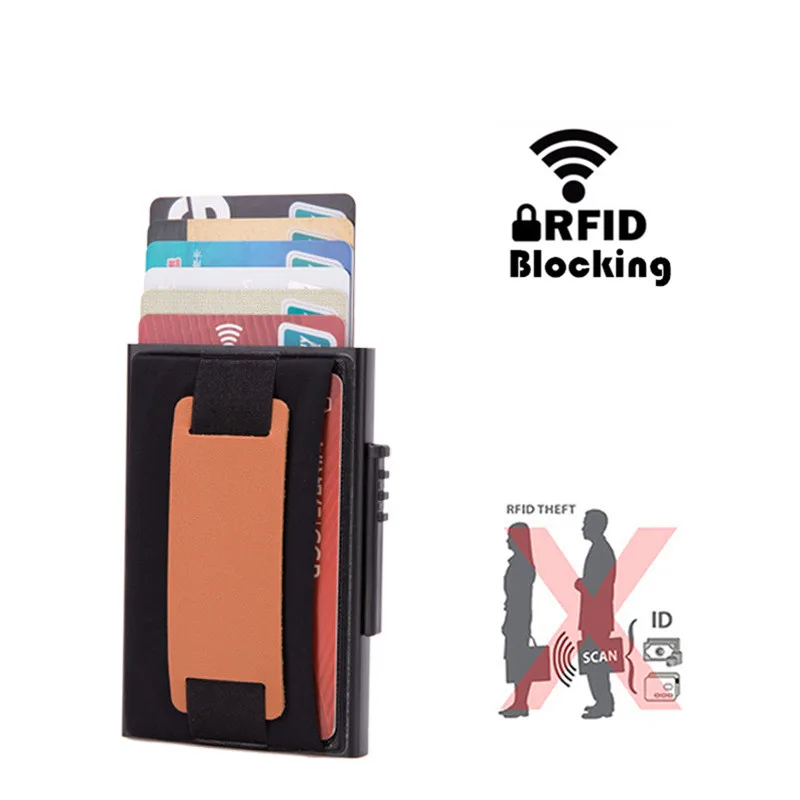

2019 New RFID Blocking Card Holder PU Leather Coin Purses Aluminum alloy Fashion Card Box Case Casual Finger Grip Card Wallet