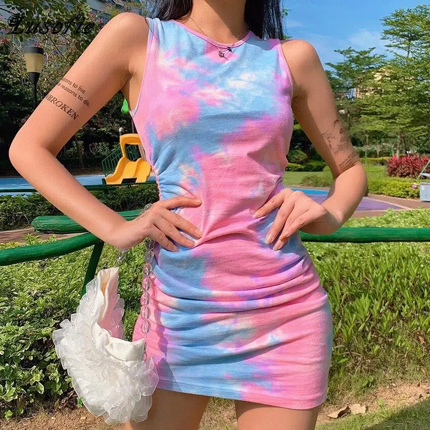 Женское плиссированное платье майка без рукавов с круглым вырезом|Женские