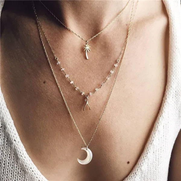 

Bohemian Coconut Tree Wish Bone Moon Pendant Necklace Women Fashion Three Layer Clavicle Chain Crystal Chokers Necklaces Jewelry