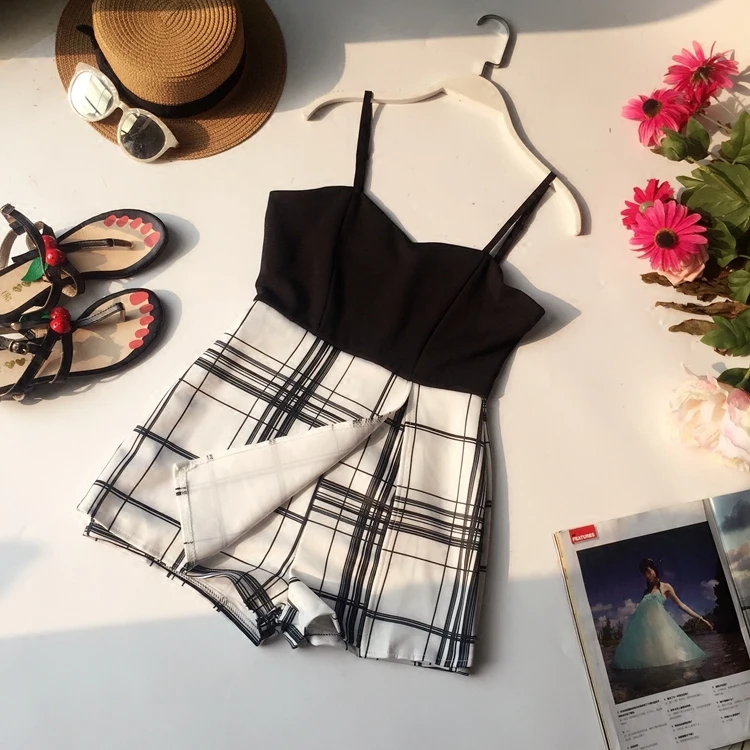 Летние женские клетчатые Обтягивающие Комбинезоны на бретельках комбинезоны
