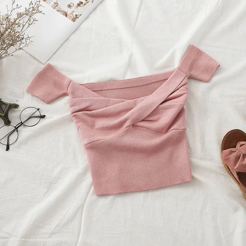 PINK Heliar летний вязаный женский свитер, модный однотонный плиссированный свитер на груди, маленькие размеры, футболки, Свитера для улицы - Цвет: PINK