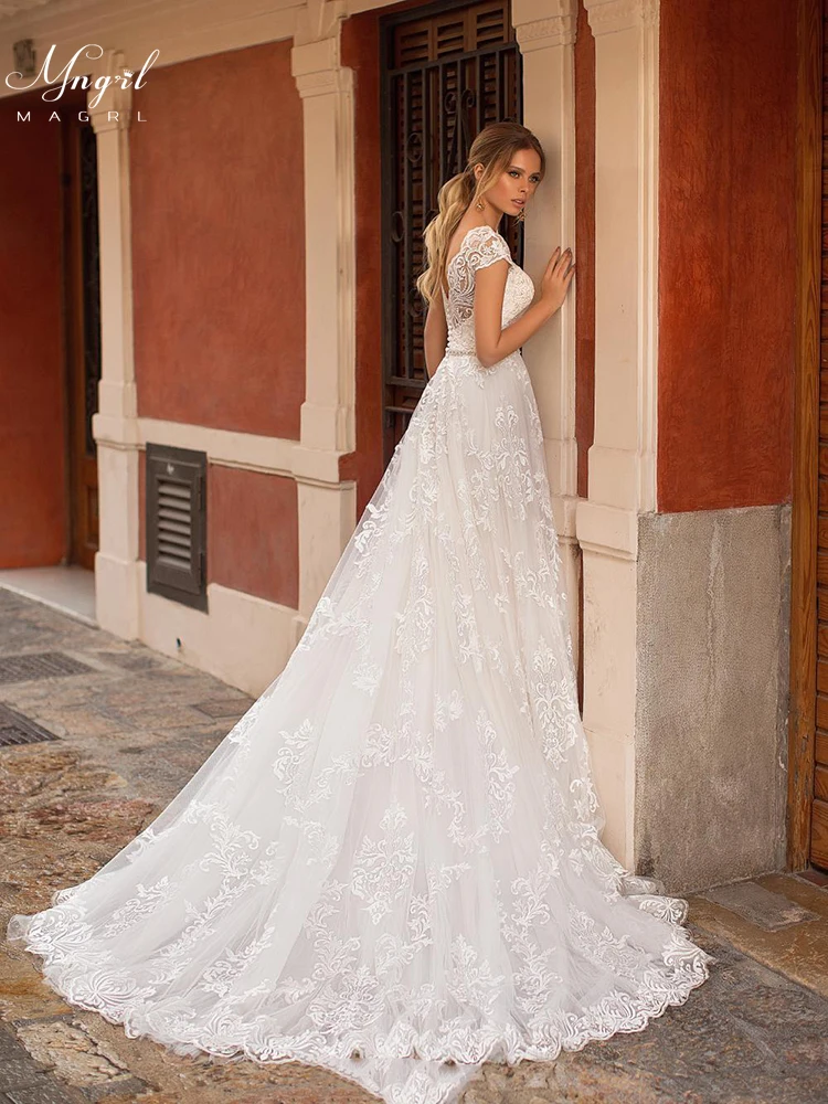 

MNGRL Wedding Dress One-shoulder 3D Flower Fluffy Bridal Dresses White Lace Hand Drill Wedding Gown Backless Plus Size Tail