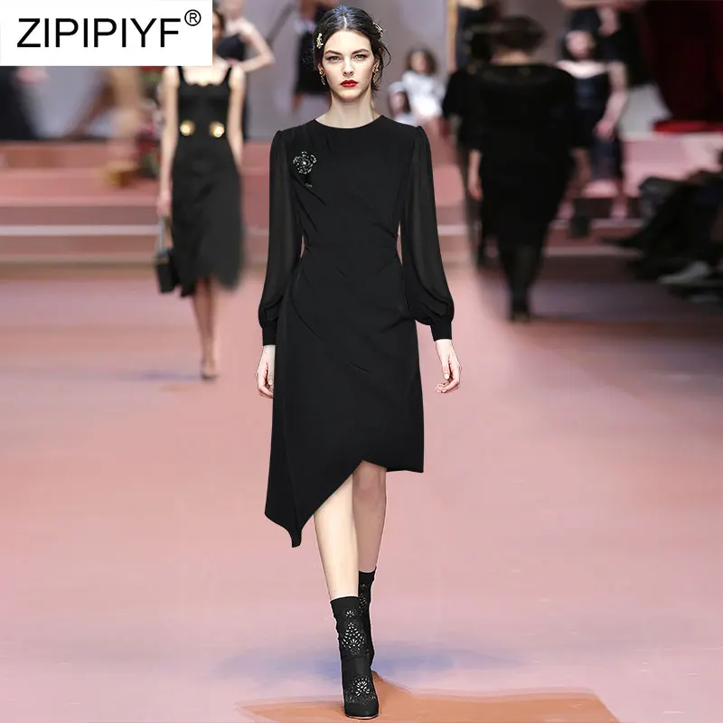 

2021 Summer Runway Fashion O Neck Brooch Design Long Lantern Sleeve High Waist Wrinkle Asymmetrical Wrap Short Dresses Z167