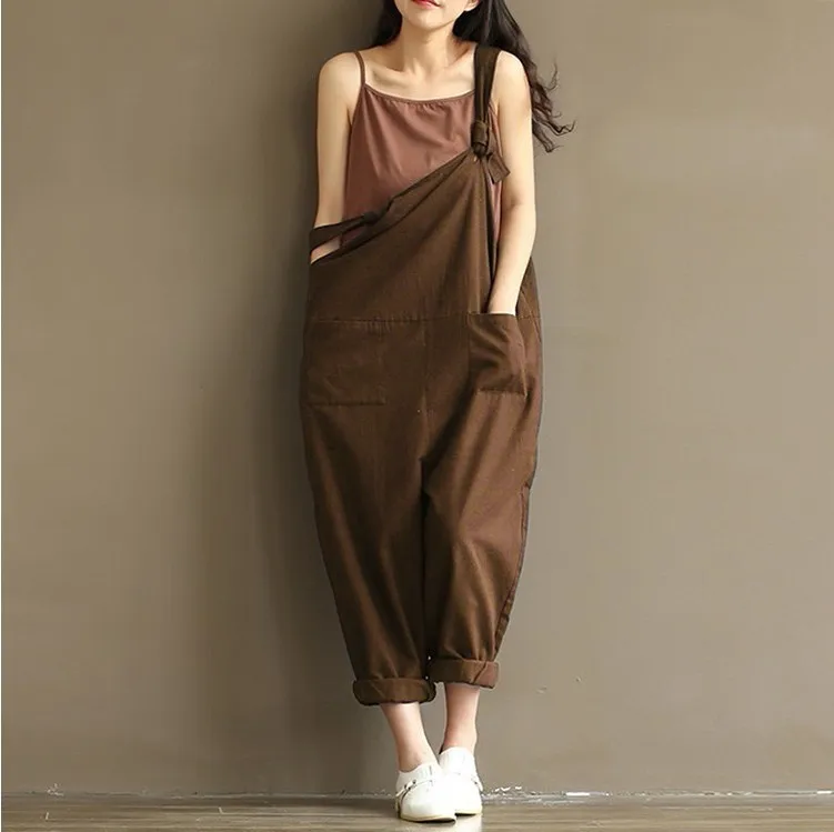 

2018 Plus-sized Women's Clothing Artistic Retro Deep Blue Brushed Strap Casual Pants 4091