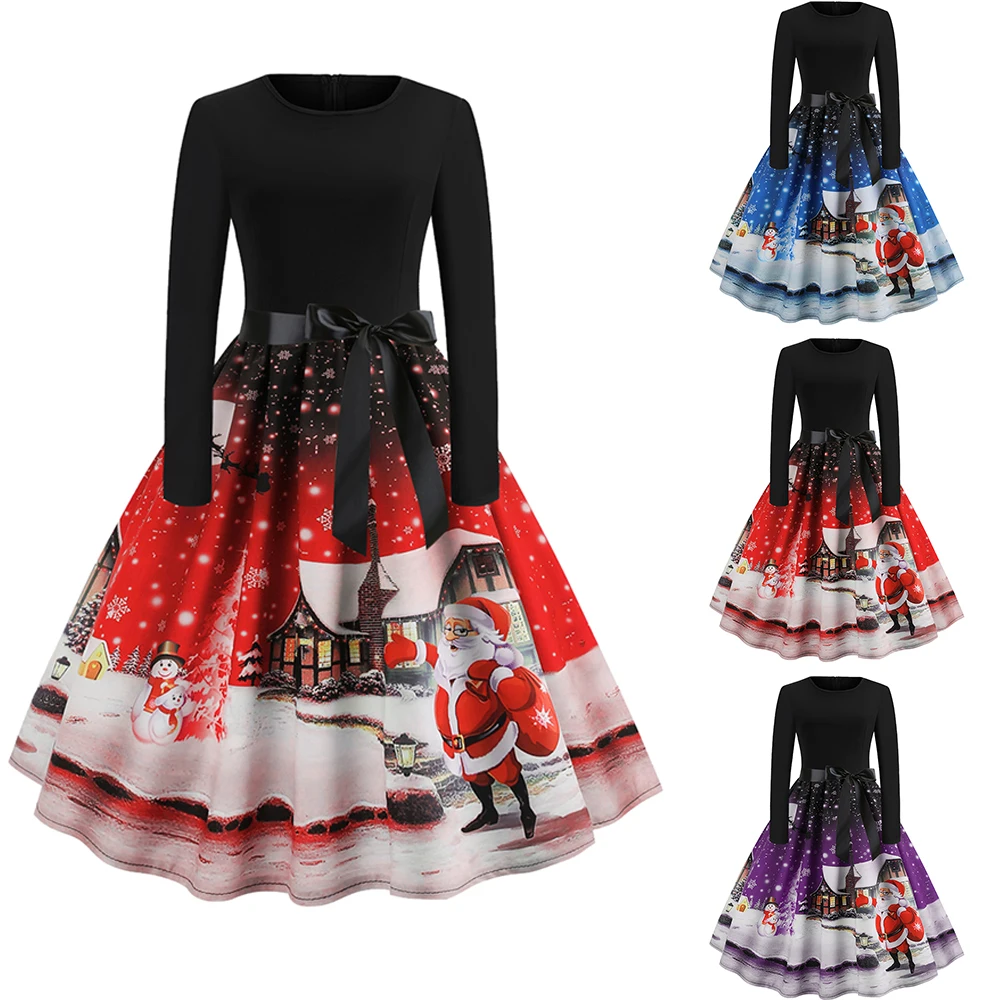 Women Christmas Long Sleeve Print Elegant Vintage mid calf dress Party Dress Robe 2019 Autumn Winter Casual Plus Size Xmas | Женская