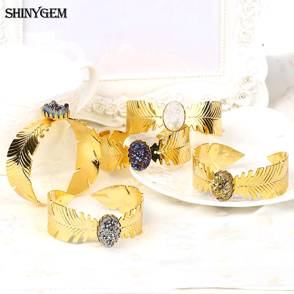 ShinyGem Красочные Овальные браслеты из драгоценных камней с золотыми перьями