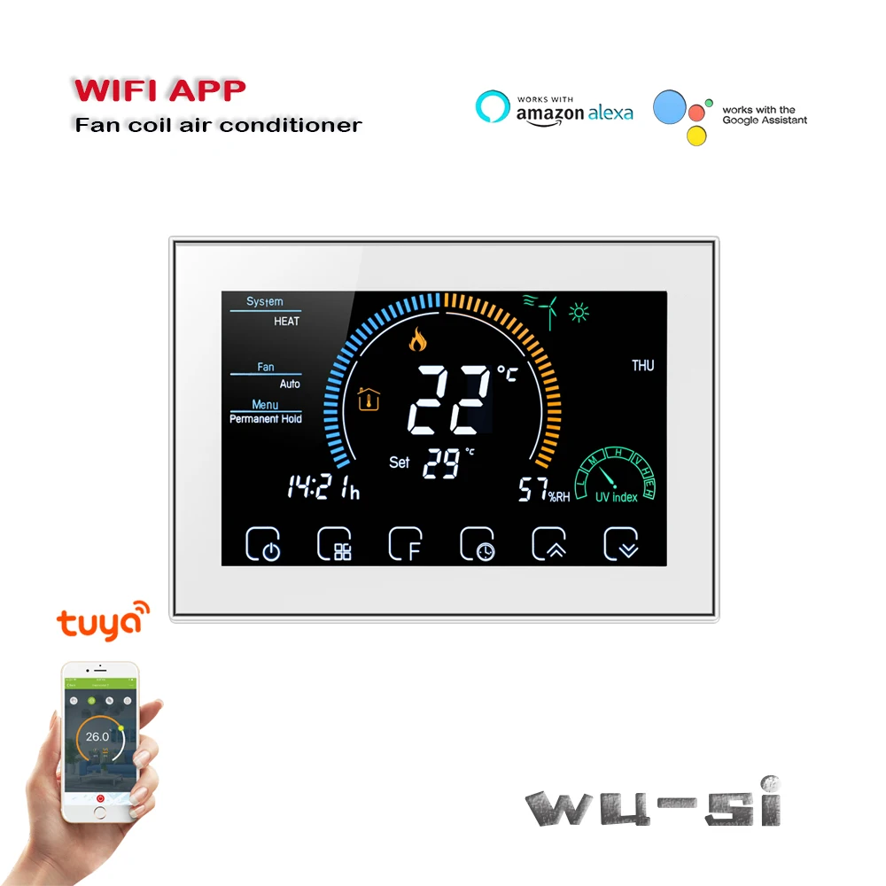 4.8 inch touch screen heating/cooling thermostat, TUYA WIFI  Fan coil thermostat connect to Alexa/Google Home for voice control