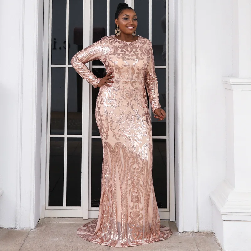 

Roken Evan Women Plus Size New Maxi Dress Vintage Sexy Prom Sequin Mermaid Hem Long Sleeve Party Elegant Curve Black Dresses