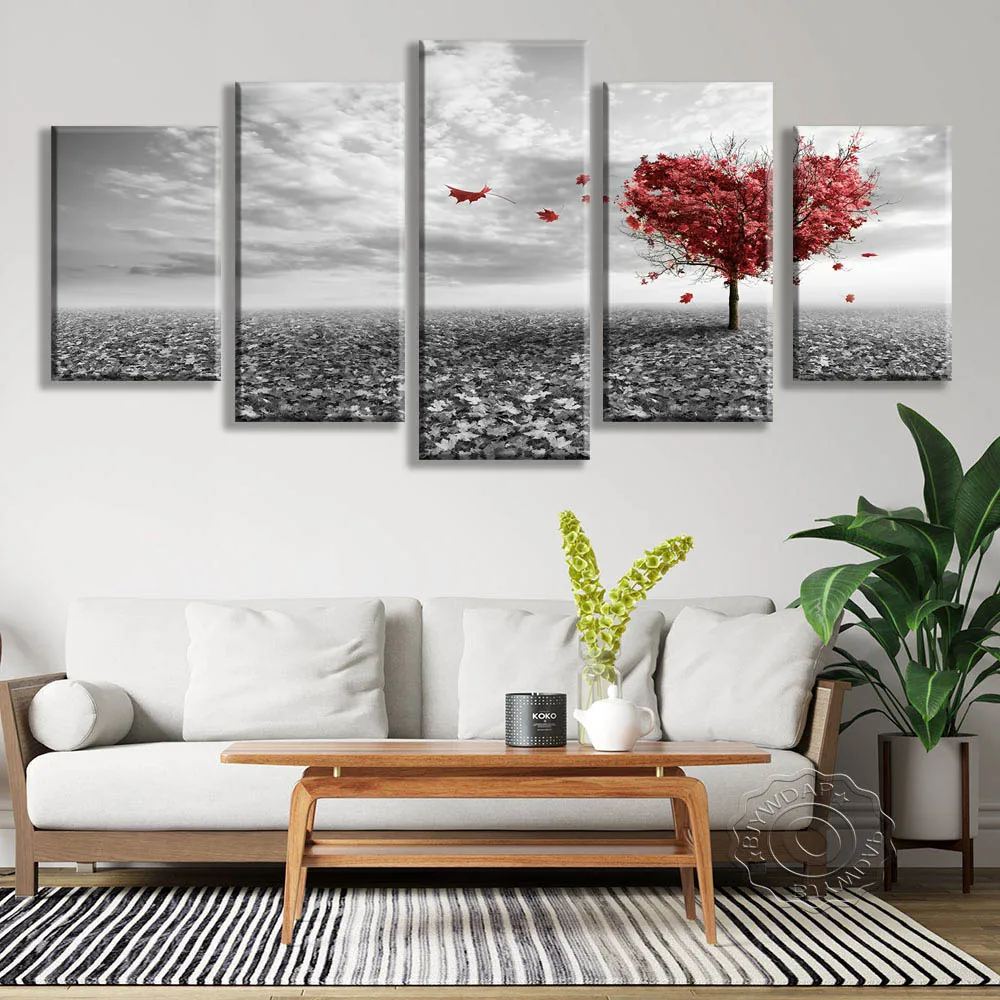 

5 Panel Red Tree Leaves Wall Art Canvas Painting Nordic Landscape Posters And Prints Canvas Pictures For Living Room Home Decor