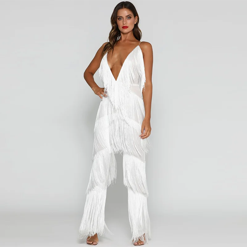 White Jumpsuit Модный сексуальный комплект одежды для ночного клуба с кисточками, однотонные красные женские укороченные топы на молнии сзади+ брюки с бахромой, комплект из 2 предметов - Цвет: White Jumpsuit