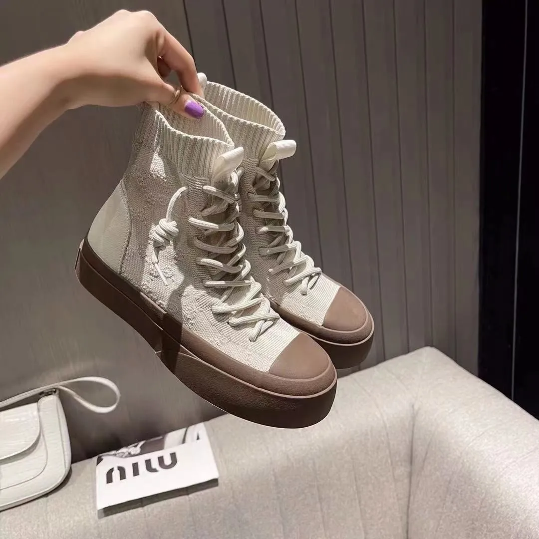 

Korean Version of High-top Woven Upper Women Vulcanized Shoes Harajuku Style Lace-up Ladies Sneakers Street All-match Flat Shoes