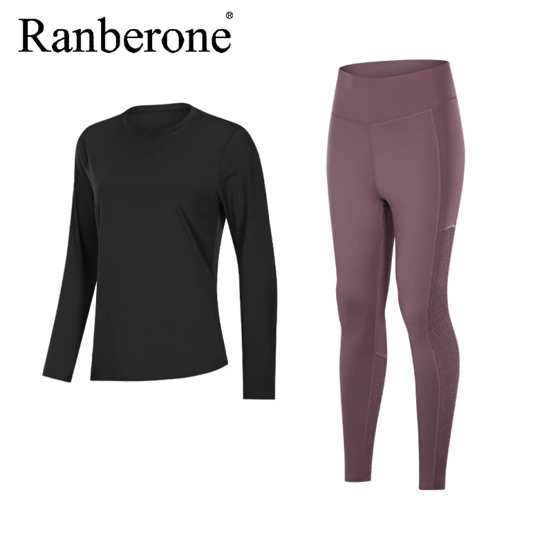 Ranberone 2 Piece Yoga Sets Women Gym Clothes Long Sleeved Sweatshirt Running Leggings Fitness Stretch Slim Suit Sportswear