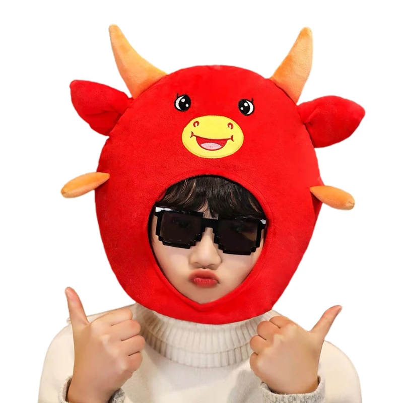 

Adult Kids Chinese New Year Red Ox Plush Hat Funny Cow Cattle Animal Stuffed Toys Headgear Cap Cosplay Party Photo Props